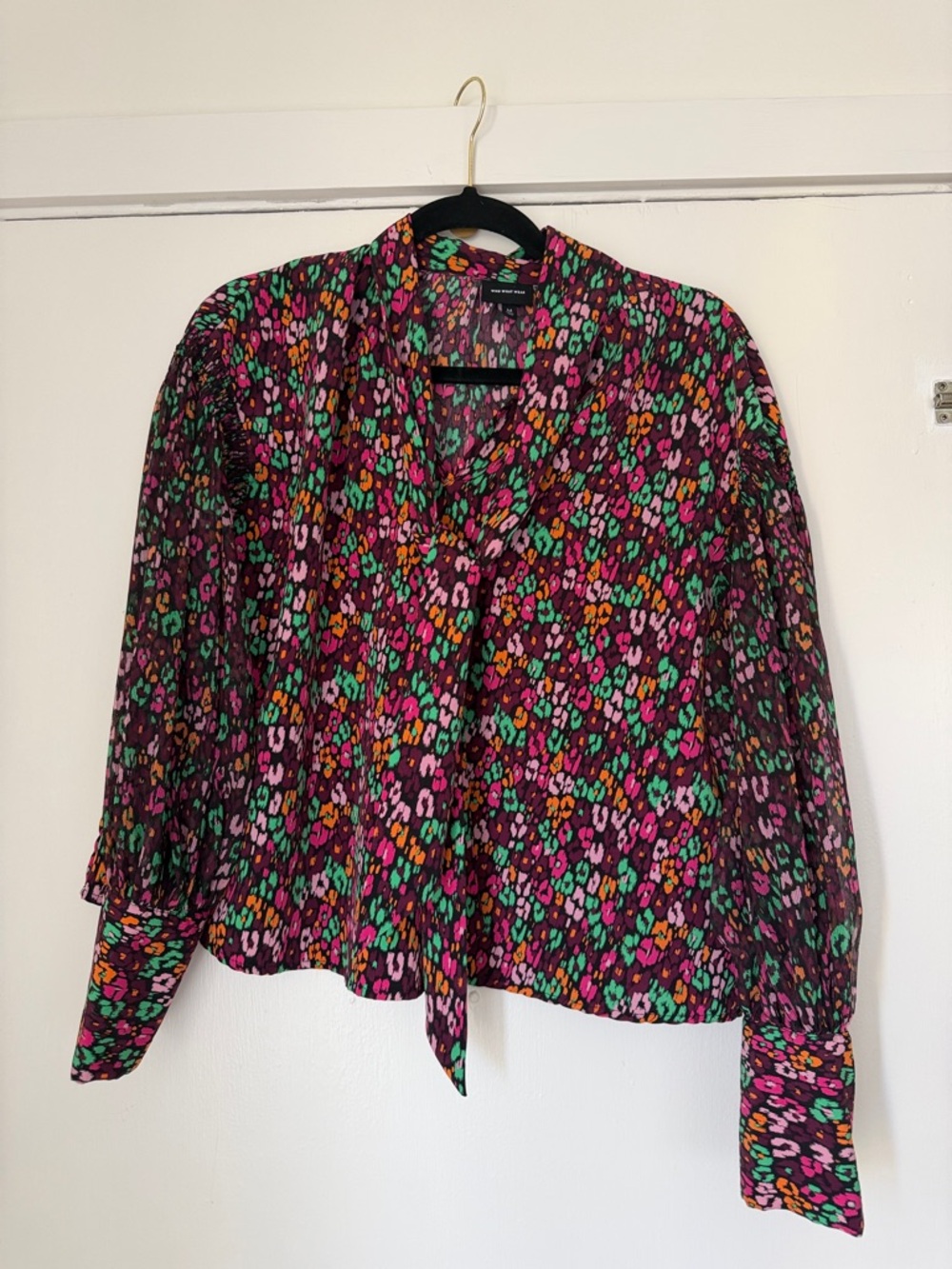 Who What Wear Floral Tie-Neck Blouse in Pink, Green, Orange and Black